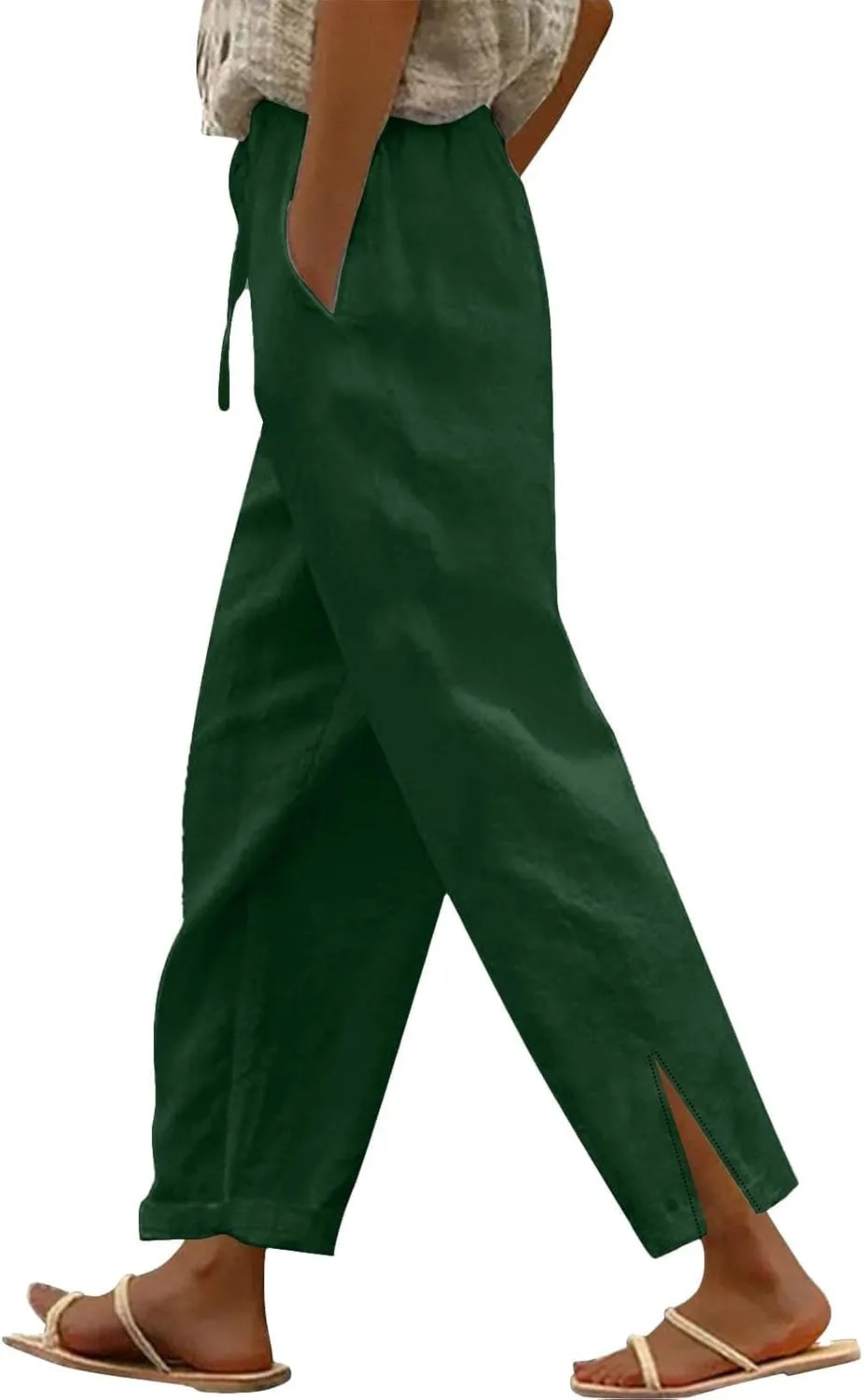 Linen Pants Women Drawstring Elastic High Waisted Bottom Side Split Lounge Pants with Pockets Summer Casual Beach Pants