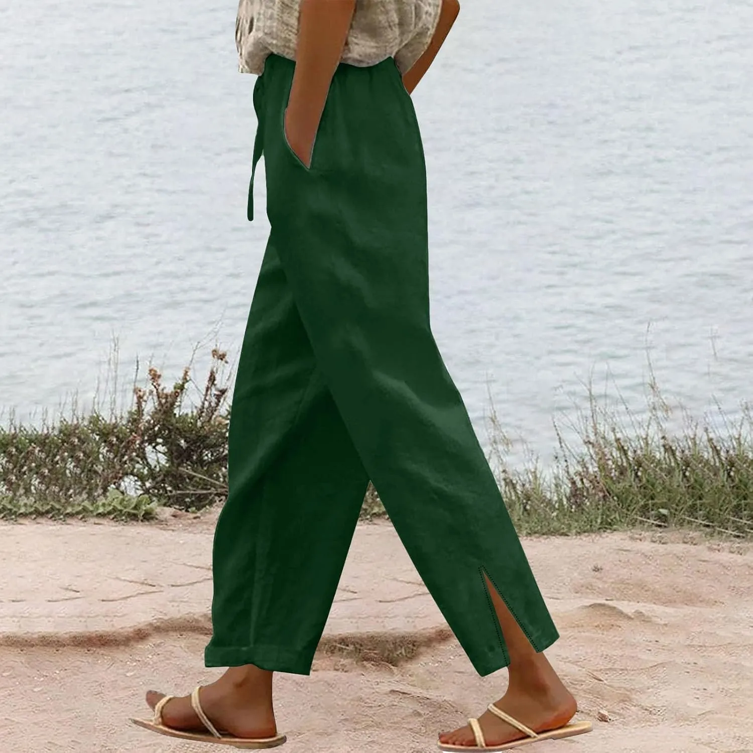 Linen Pants Women Drawstring Elastic High Waisted Bottom Side Split Lounge Pants with Pockets Summer Casual Beach Pants