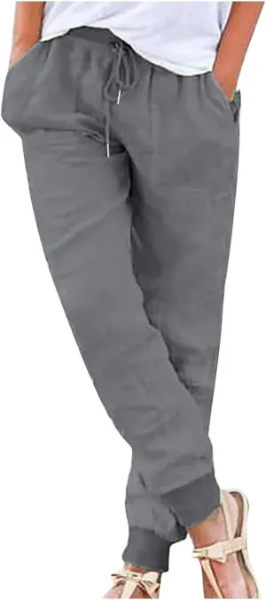 Linen Pants Women Palazzo Pants Petite Dressy Elastic Waist Tapered Leg Summer Casual Jogger Lightweight Trousers
