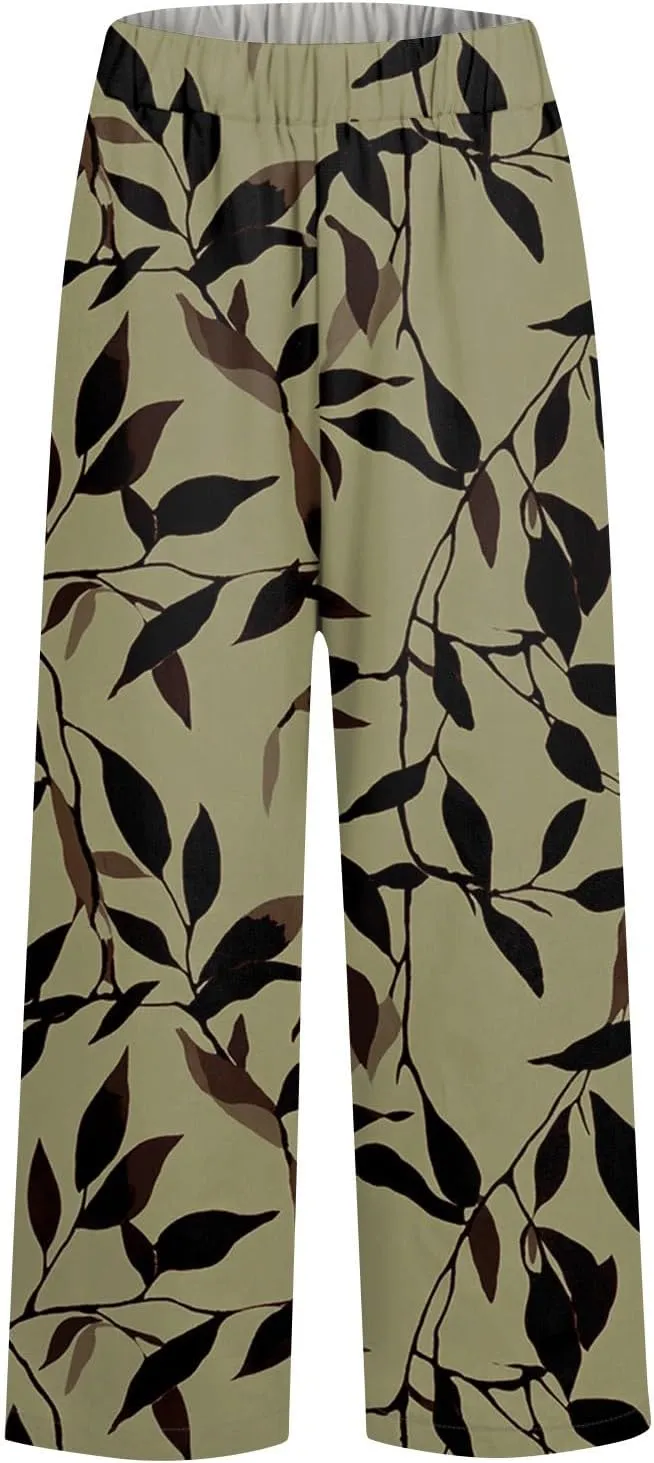 Linen Pants Women Summer Boho Wide Leg Pants High Waisted Palazzo Pant Floral Print Beach Trousers with Pockets