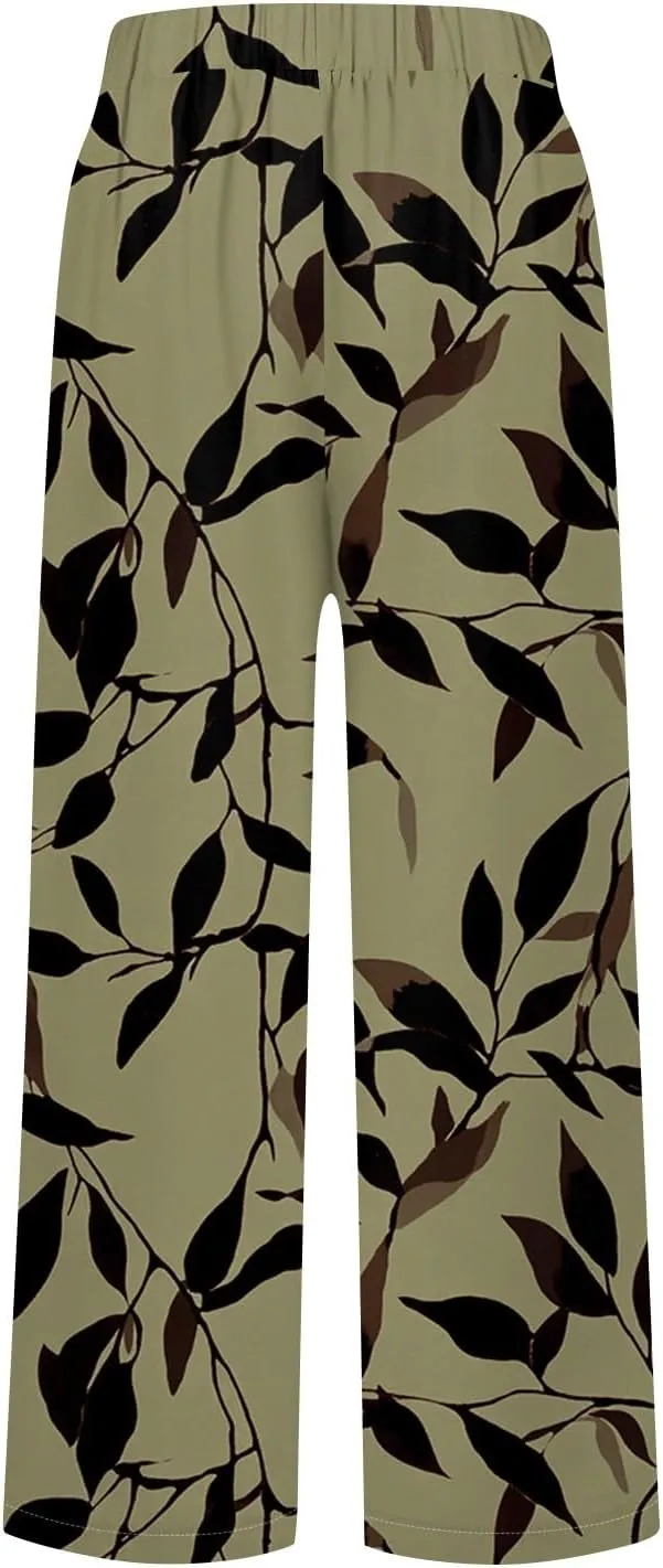 Linen Pants Women Summer Boho Wide Leg Pants High Waisted Palazzo Pant Floral Print Beach Trousers with Pockets