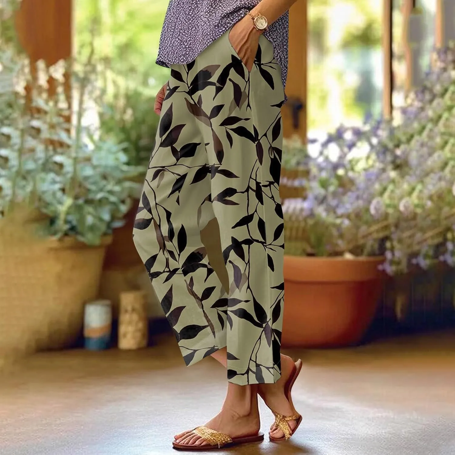 Linen Pants Women Summer Boho Wide Leg Pants High Waisted Palazzo Pant Floral Print Beach Trousers with Pockets