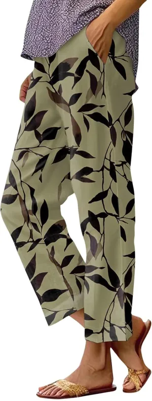 Linen Pants Women Summer Boho Wide Leg Pants High Waisted Palazzo Pant Floral Print Beach Trousers with Pockets