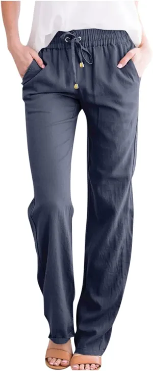 Linen Pants Women Summer Casual Lightweight Elastic High Waisted Work Pants Loose Fit Trouser Pants with Pockets