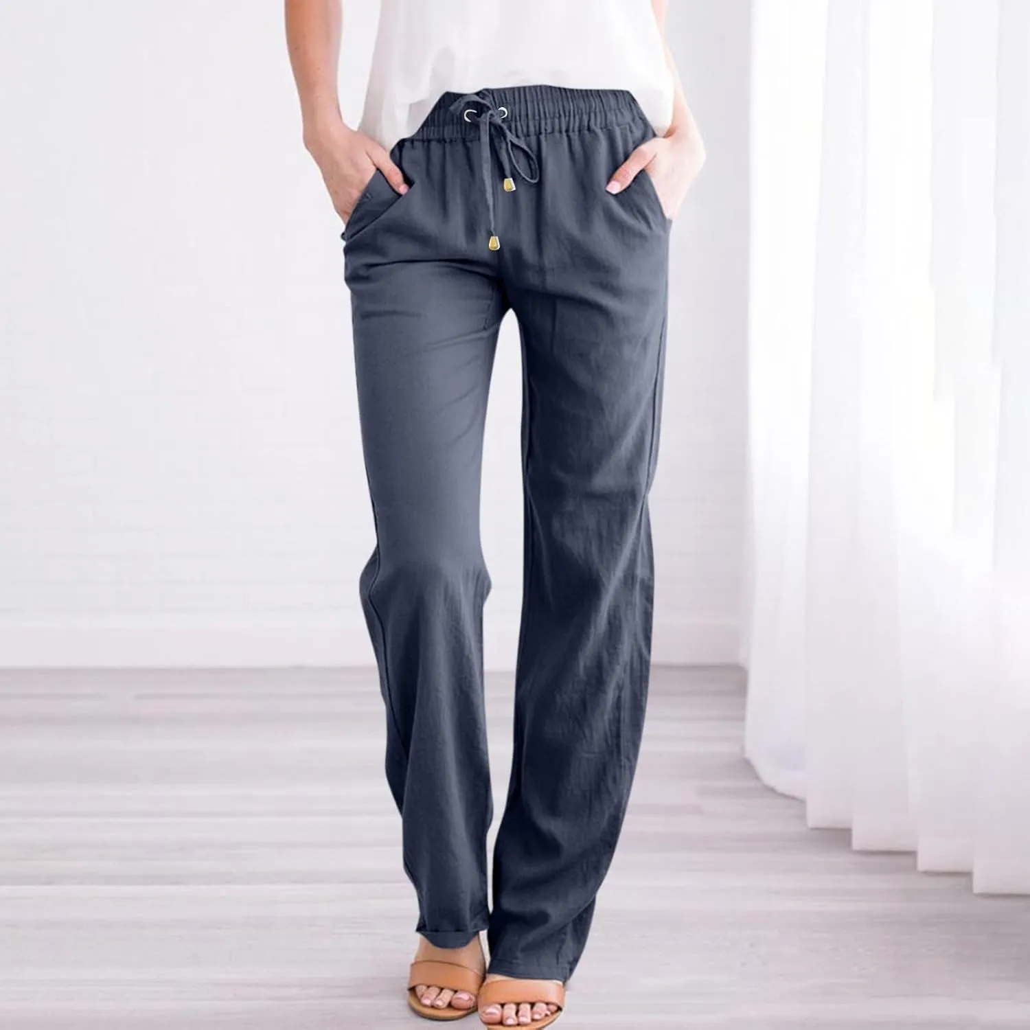 Linen Pants Women Summer Casual Lightweight Elastic High Waisted Work Pants Loose Fit Trouser Pants with Pockets