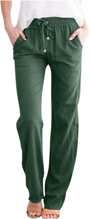 Linen Pants Women Summer Casual Lightweight Elastic High Waisted Work Pants Loose Fit Trouser Pants with Pockets