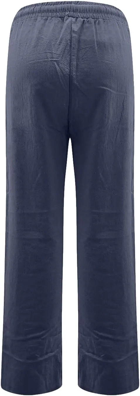 Linen Pants Women Summer Casual Lightweight Elastic High Waisted Work Pants Loose Fit Trouser Pants with Pockets