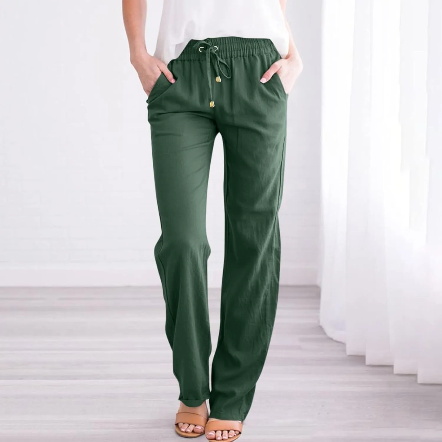 Linen Pants Women Summer Casual Lightweight Elastic High Waisted Work Pants Loose Fit Trouser Pants with Pockets