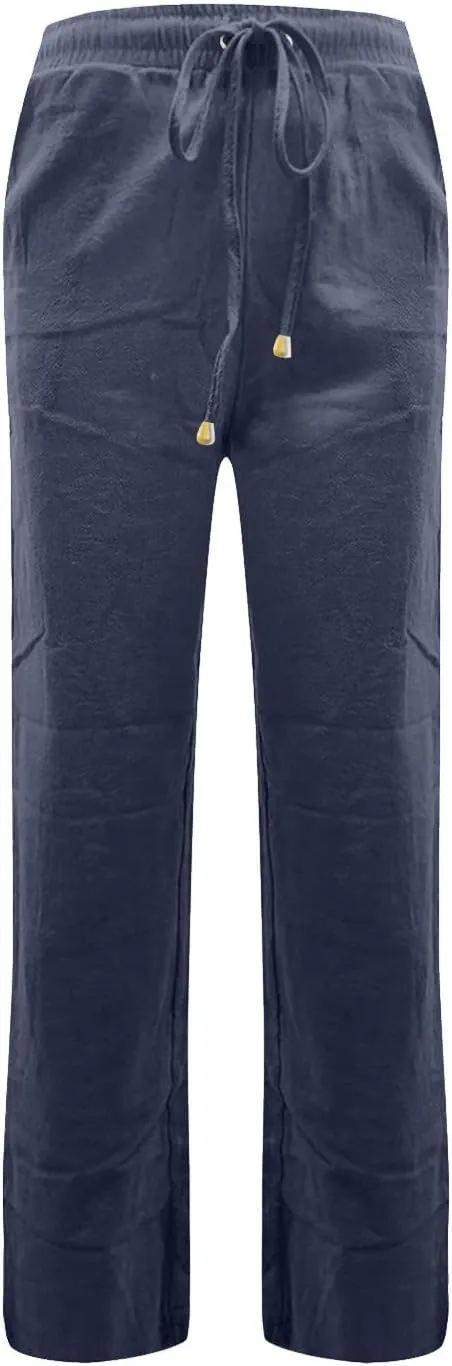 Linen Pants Women Summer Casual Lightweight Elastic High Waisted Work Pants Loose Fit Trouser Pants with Pockets