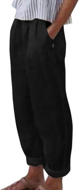 Linen Pants Women Summer Leg Pants Fashion Drawstring Elastic Trousers Comfy Straight Leg Long Pants with Pockets