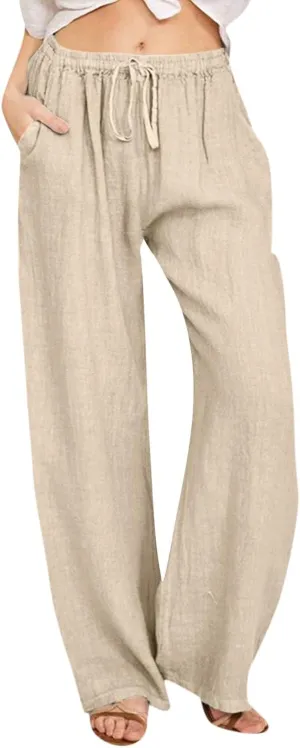 Linen Pants Women Summer Wide Leg Pants Drawstring Elastic Waist Pants High Waisted Lounge Pants Casual Beach Trousers