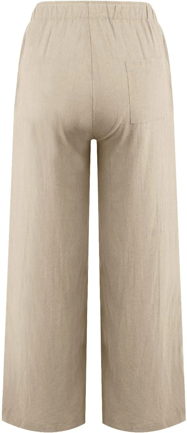Linen Pants Women Summer Wide Leg Pants Drawstring Elastic Waist Pants High Waisted Lounge Pants Casual Beach Trousers