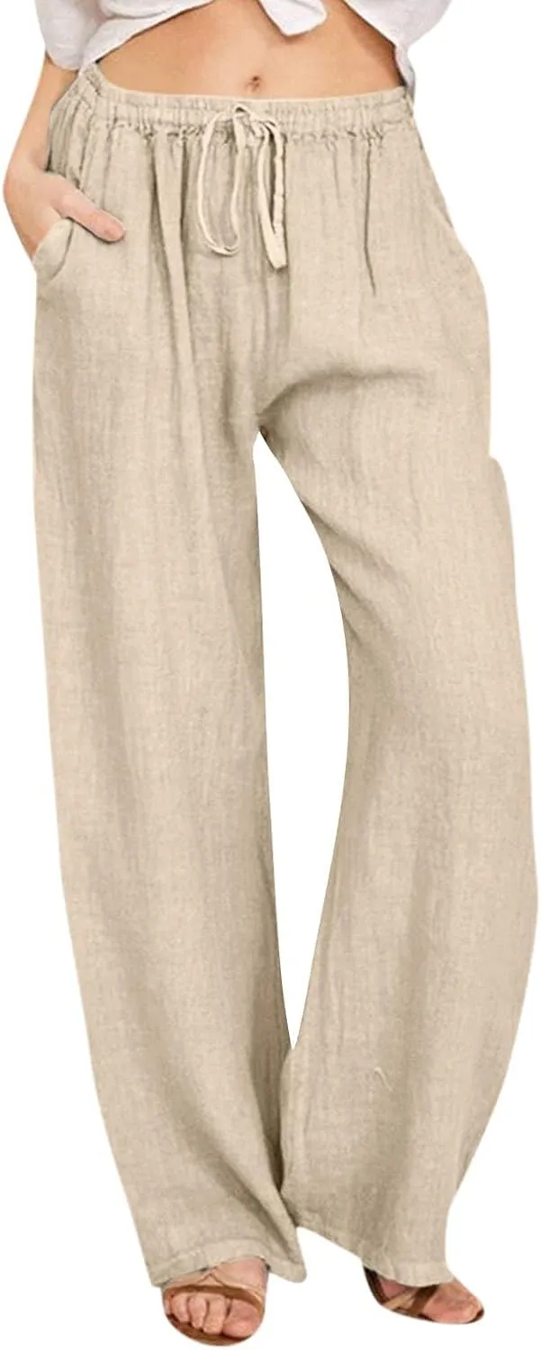 Linen Pants Women Summer Wide Leg Pants Drawstring Elastic Waist Pants High Waisted Lounge Pants Casual Beach Trousers