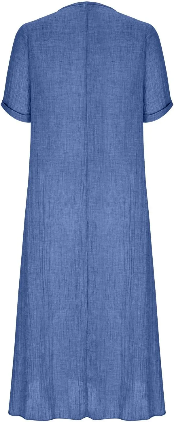 Lmdudan Summer Beach Sundress for Women Short Sleeve V Neck Cotton Linen Dress 2024 Trendy Solid Color Vacation Maxi Dresses