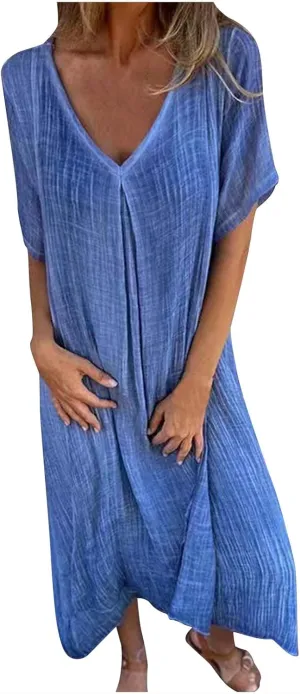 Lmdudan Summer Beach Sundress for Women Short Sleeve V Neck Cotton Linen Dress 2024 Trendy Solid Color Vacation Maxi Dresses