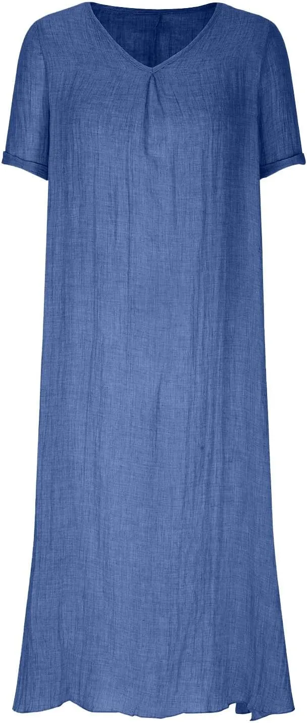 Lmdudan Summer Beach Sundress for Women Short Sleeve V Neck Cotton Linen Dress 2024 Trendy Solid Color Vacation Maxi Dresses