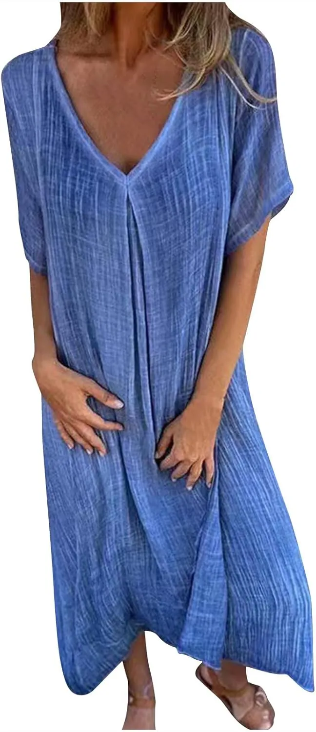 Lmdudan Summer Beach Sundress for Women Short Sleeve V Neck Cotton Linen Dress 2024 Trendy Solid Color Vacation Maxi Dresses
