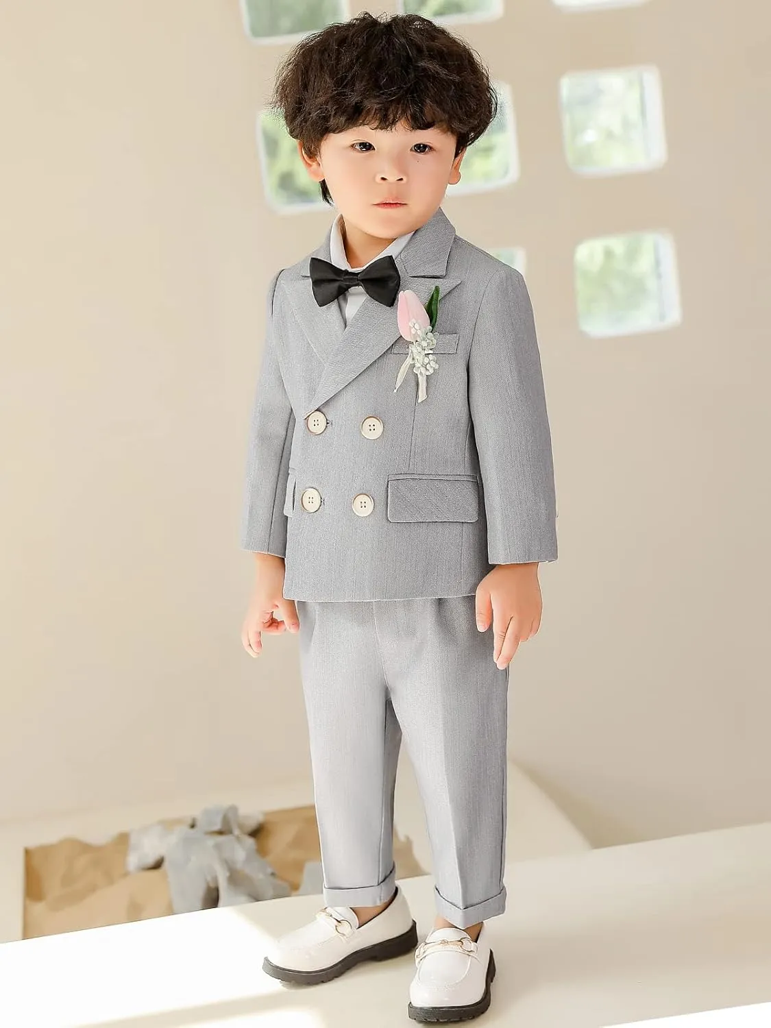 LOLANTA Boys Suits Set Wedding Ring Bearer Outfits Kids Tuxedos Blazer Suit Pant Bow tie, Birthday, Easter Clothes