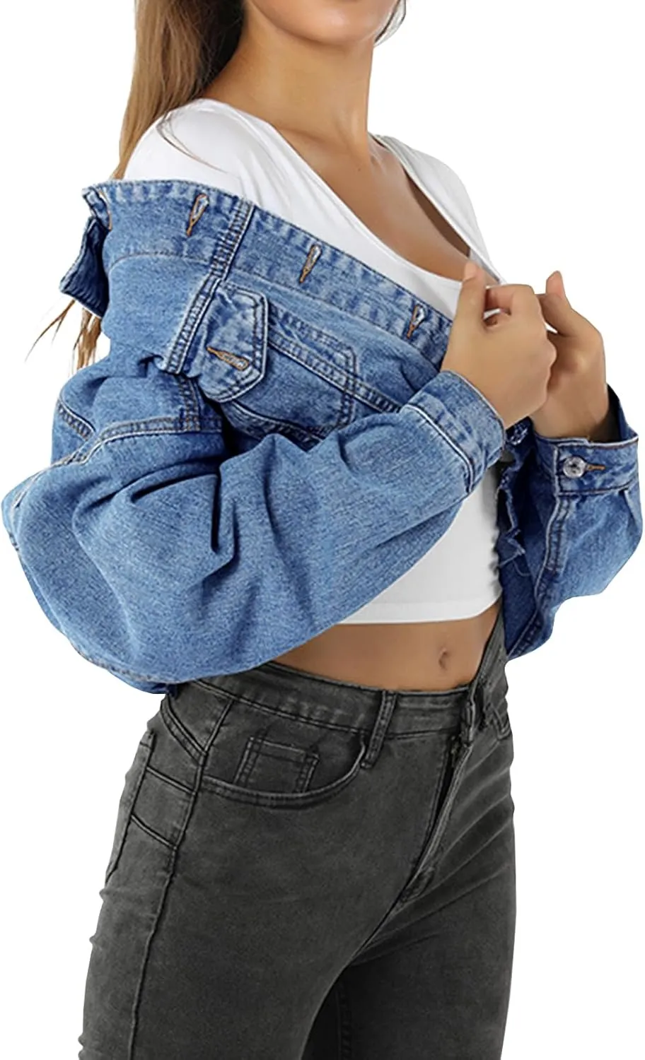LONGYIDA Women's Jean Jacket Cropped Distressed Denim Jacket Long Sleeve Button Down Jean Jacket For Women