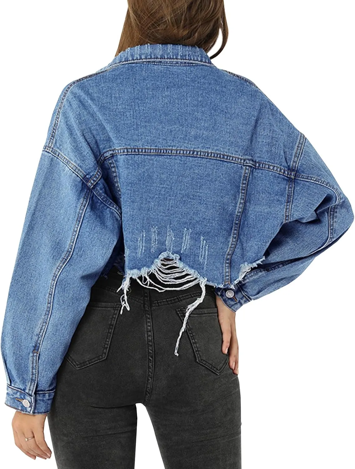 LONGYIDA Women's Jean Jacket Cropped Distressed Denim Jacket Long Sleeve Button Down Jean Jacket For Women