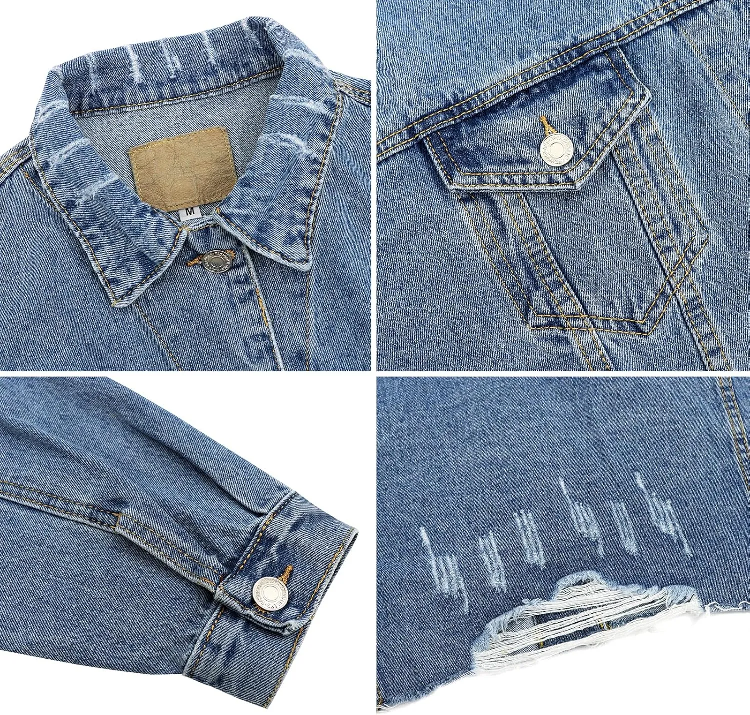 LONGYIDA Women's Jean Jacket Cropped Distressed Denim Jacket Long Sleeve Button Down Jean Jacket For Women