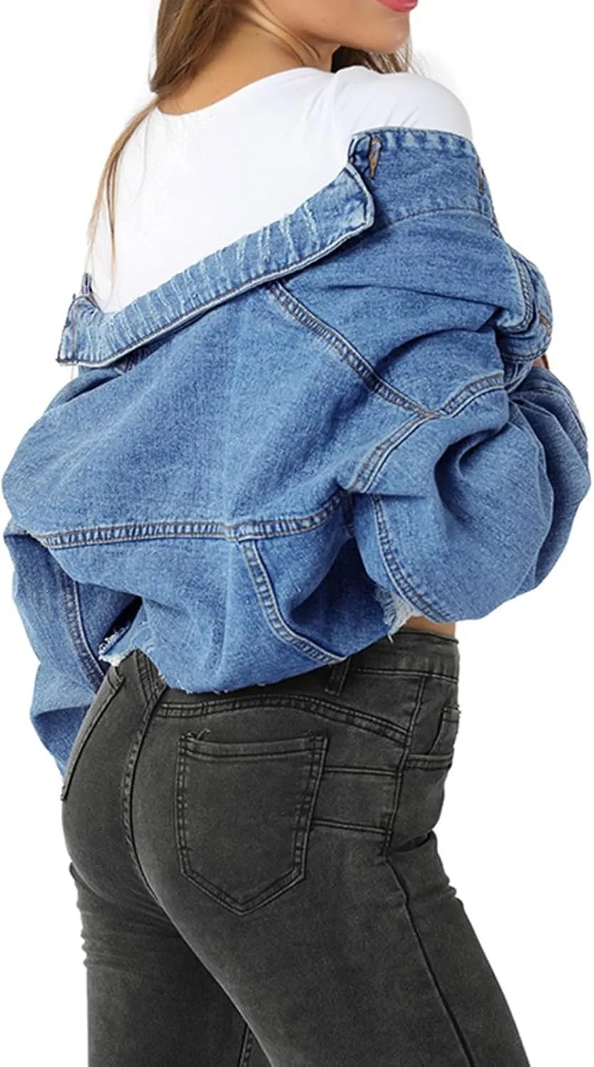 LONGYIDA Women's Jean Jacket Cropped Distressed Denim Jacket Long Sleeve Button Down Jean Jacket For Women