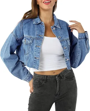 LONGYIDA Women's Jean Jacket Cropped Distressed Denim Jacket Long Sleeve Button Down Jean Jacket For Women