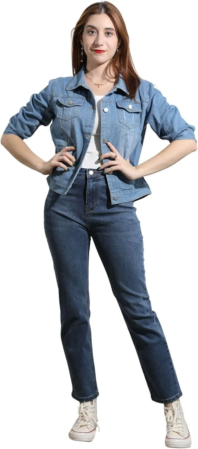 loveimgs Women Casual 3/4 Sleeve Button Down Cropped Denim Jean Jacket Motorcycle Short Jacket