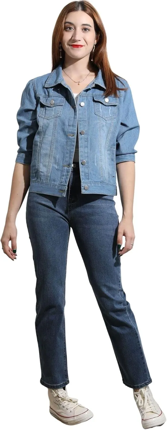 loveimgs Women Casual 3/4 Sleeve Button Down Cropped Denim Jean Jacket Motorcycle Short Jacket