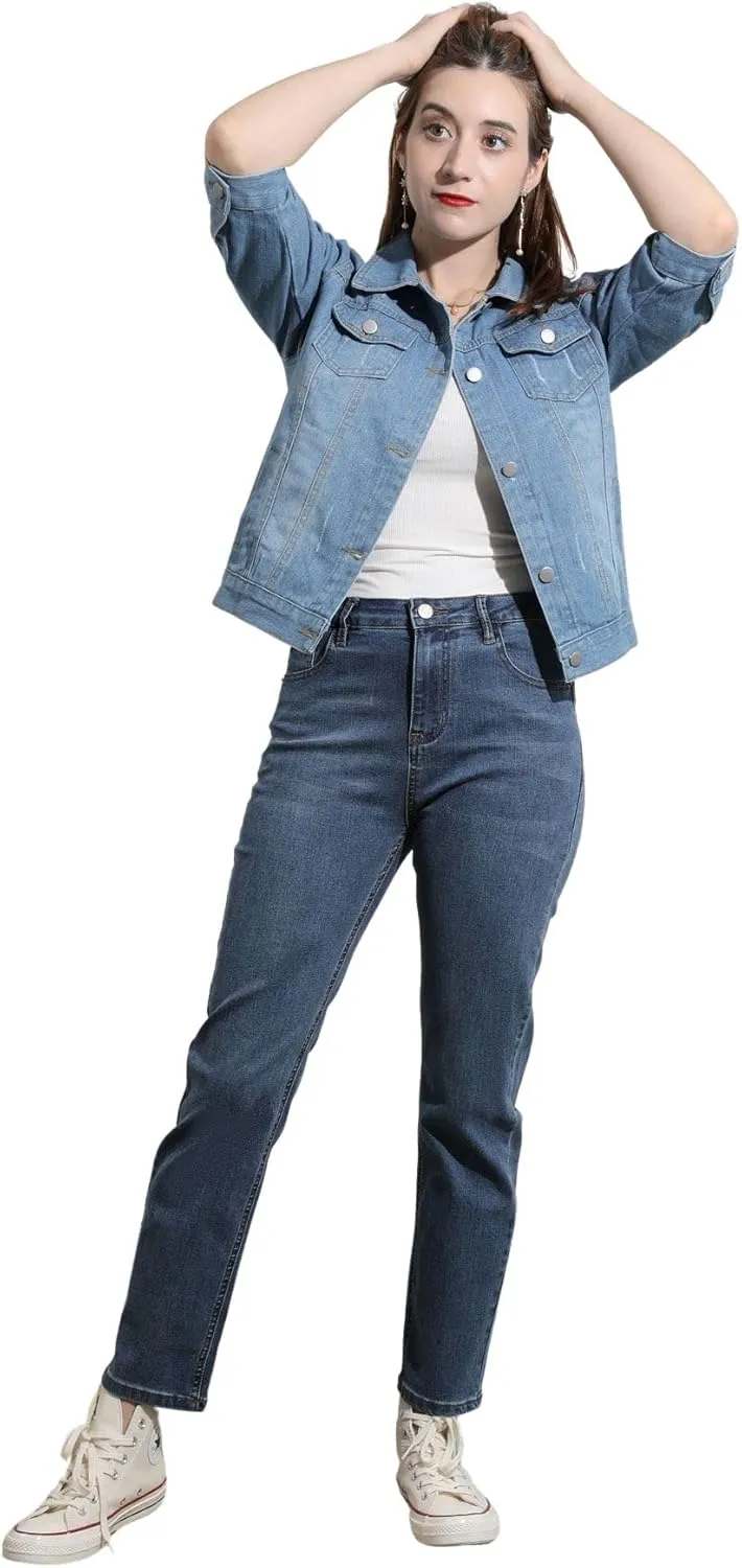 loveimgs Women Casual 3/4 Sleeve Button Down Cropped Denim Jean Jacket Motorcycle Short Jacket