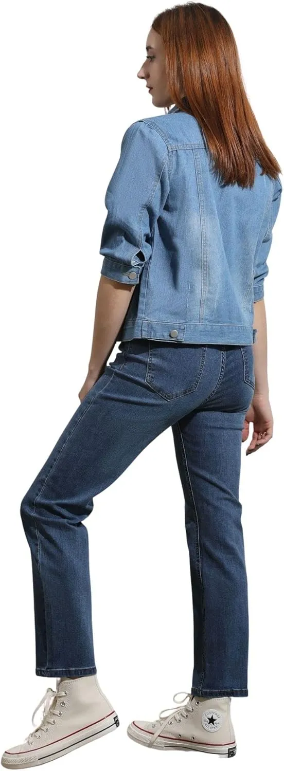 loveimgs Women Casual 3/4 Sleeve Button Down Cropped Denim Jean Jacket Motorcycle Short Jacket