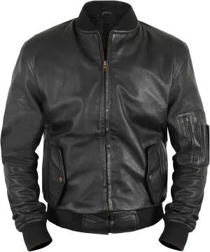 LP-FACON Mens MA1 Flight Tactical Leather Bomber Jacket - Military Black Biker Lambskin Leather Jacket Men