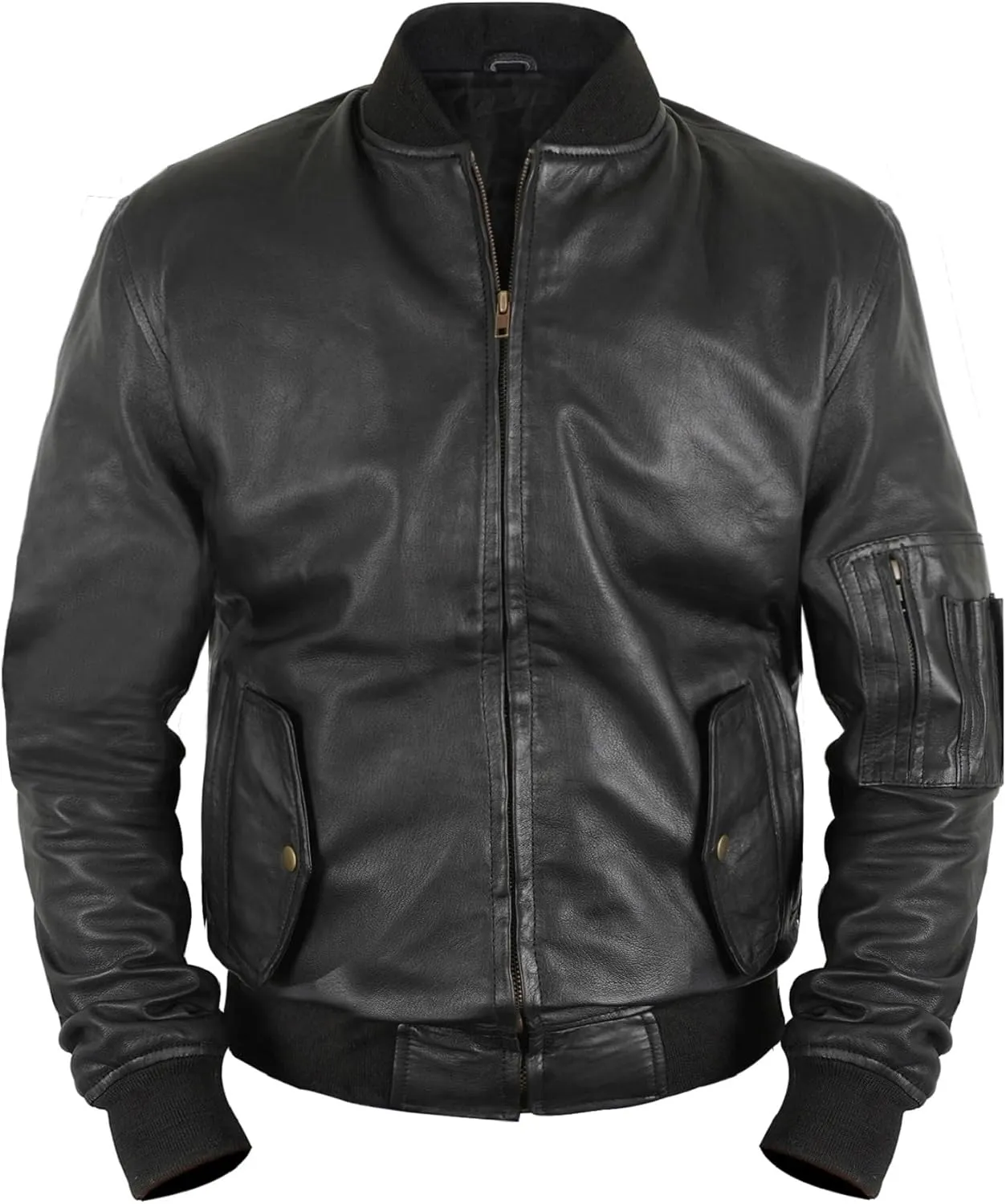 LP-FACON Mens MA1 Flight Tactical Leather Bomber Jacket - Military Black Biker Lambskin Leather Jacket Men