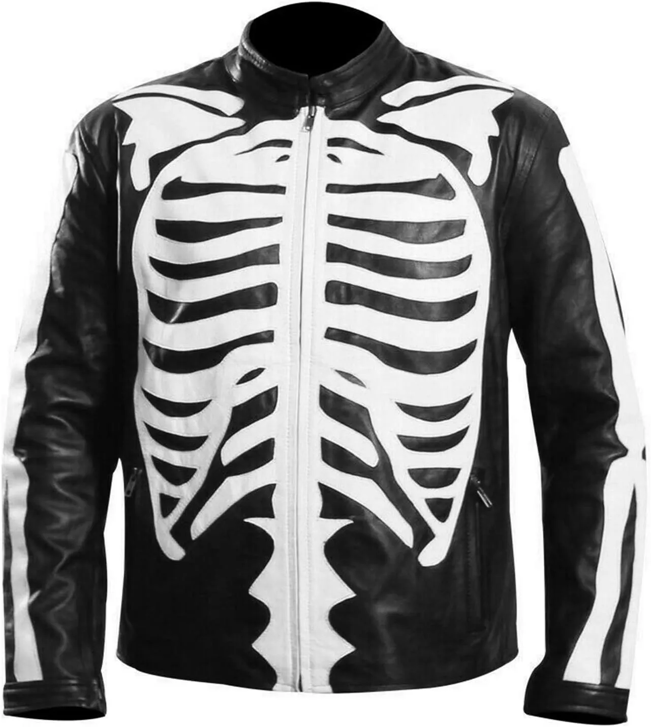 LP-FACON Mens Skeleton Bones Black Leather Jacket - Punk Vintage Biker Skull Motorcycle Jacket