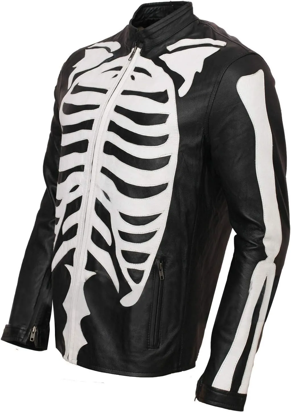 LP-FACON Mens Skeleton Bones Black Leather Jacket - Punk Vintage Biker Skull Motorcycle Jacket