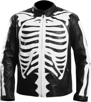 LP-FACON Mens Skeleton Bones Black Leather Jacket - Punk Vintage Biker Skull Motorcycle Jacket
