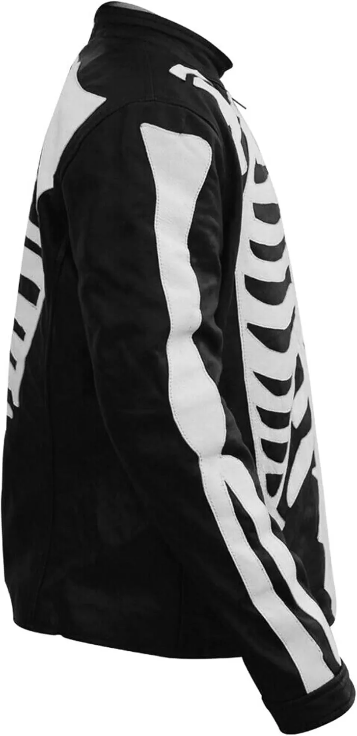 LP-FACON Mens Skeleton Bones Black Leather Jacket - Punk Vintage Biker Skull Motorcycle Jacket