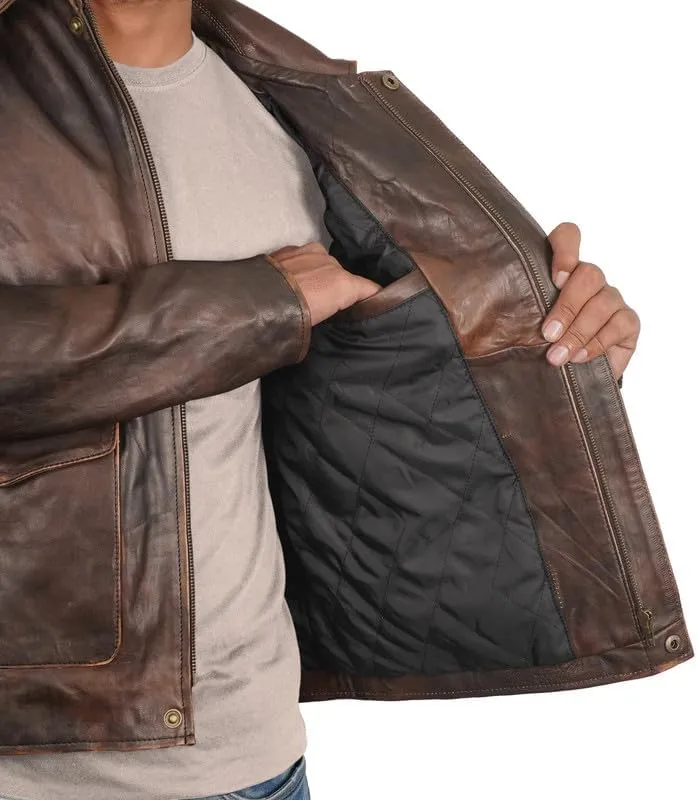 LP-FACON Mens Vintage Distressed Brown Leather Jacket - Classic Shirt Collar Style Jacket