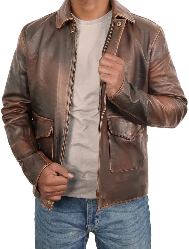 LP-FACON Mens Vintage Distressed Brown Leather Jacket - Classic Shirt Collar Style Jacket