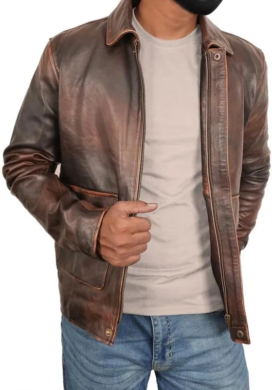 LP-FACON Mens Vintage Distressed Brown Leather Jacket - Classic Shirt Collar Style Jacket