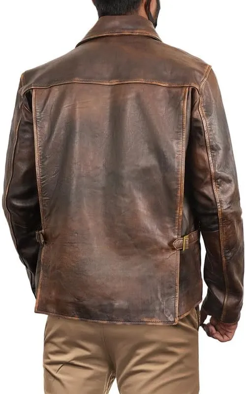 LP-FACON Mens Vintage Distressed Brown Leather Jacket - Classic Shirt Collar Style Jacket
