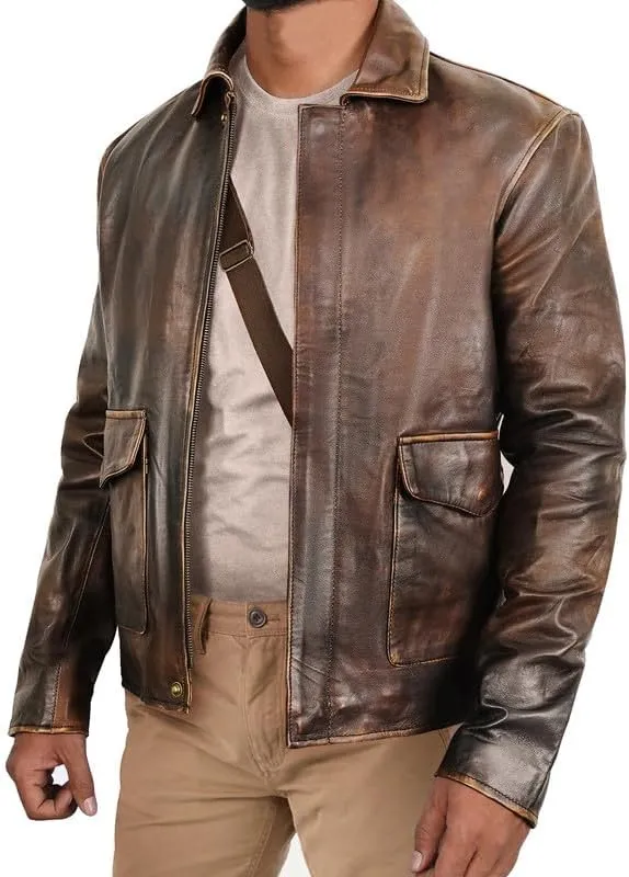 LP-FACON Mens Vintage Distressed Brown Leather Jacket - Classic Shirt Collar Style Jacket