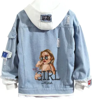 Lpstop Womens Jean Jacket Girl with Style Denim Jacket Button Down Denim Hoodie Gift for Teens