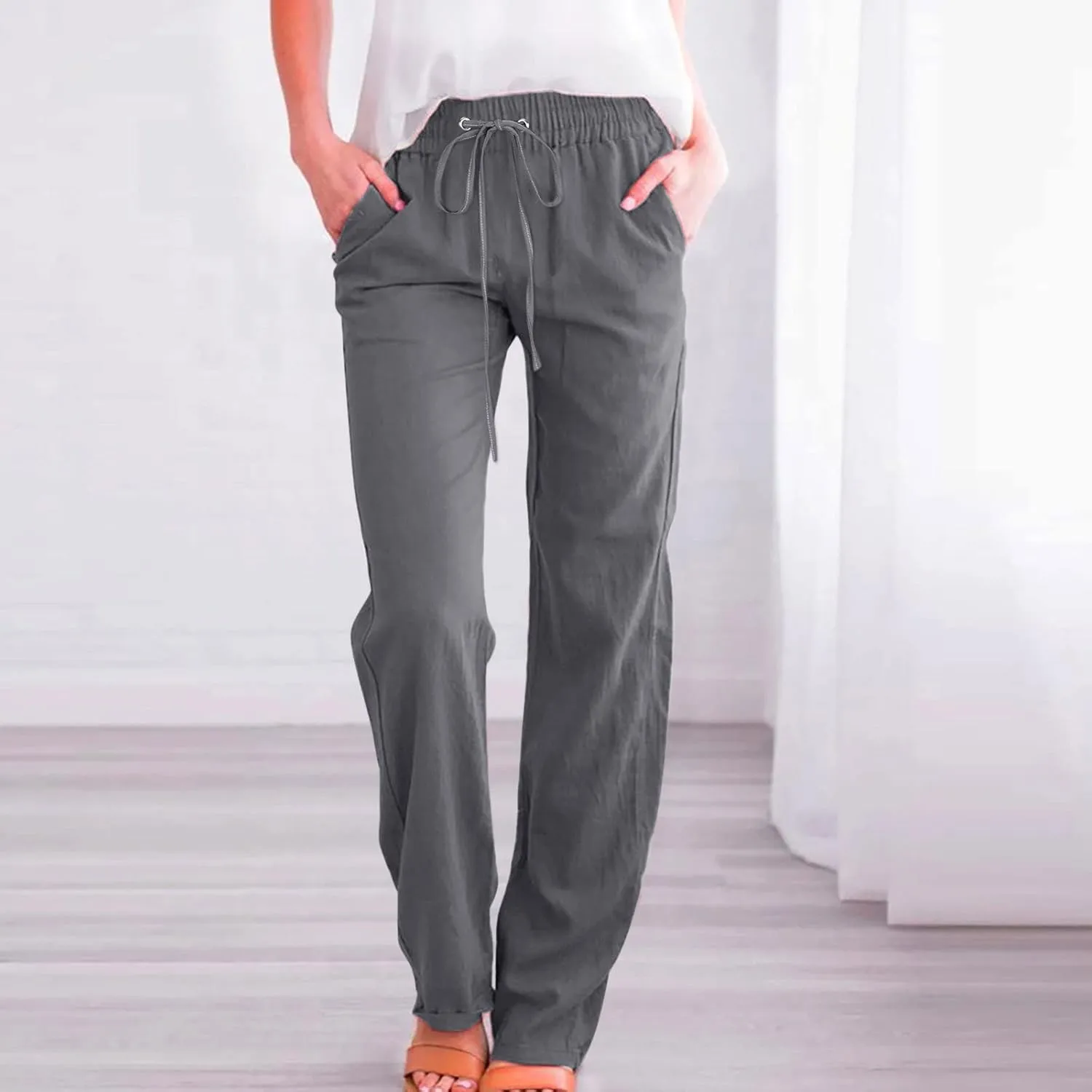 LRMQS Womens Casual Linen Pants 2024 Spring Drawstring Elastic Waist Trousers with Pockets Lounge Fashion Vacation Clothing