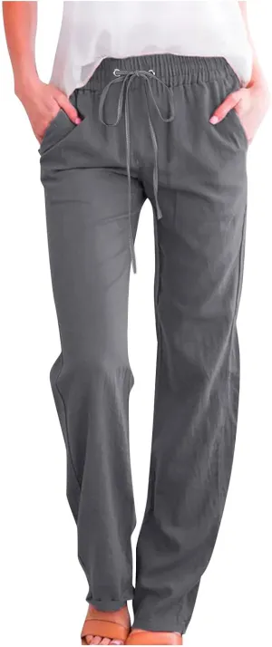 LRMQS Womens Casual Linen Pants 2024 Spring Drawstring Elastic Waist Trousers with Pockets Lounge Fashion Vacation Clothing