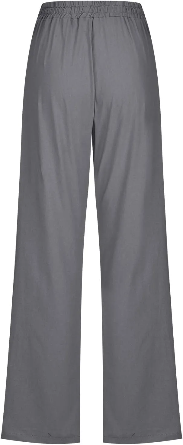 LRMQS Womens Casual Linen Pants 2024 Spring Drawstring Elastic Waist Trousers with Pockets Lounge Fashion Vacation Clothing