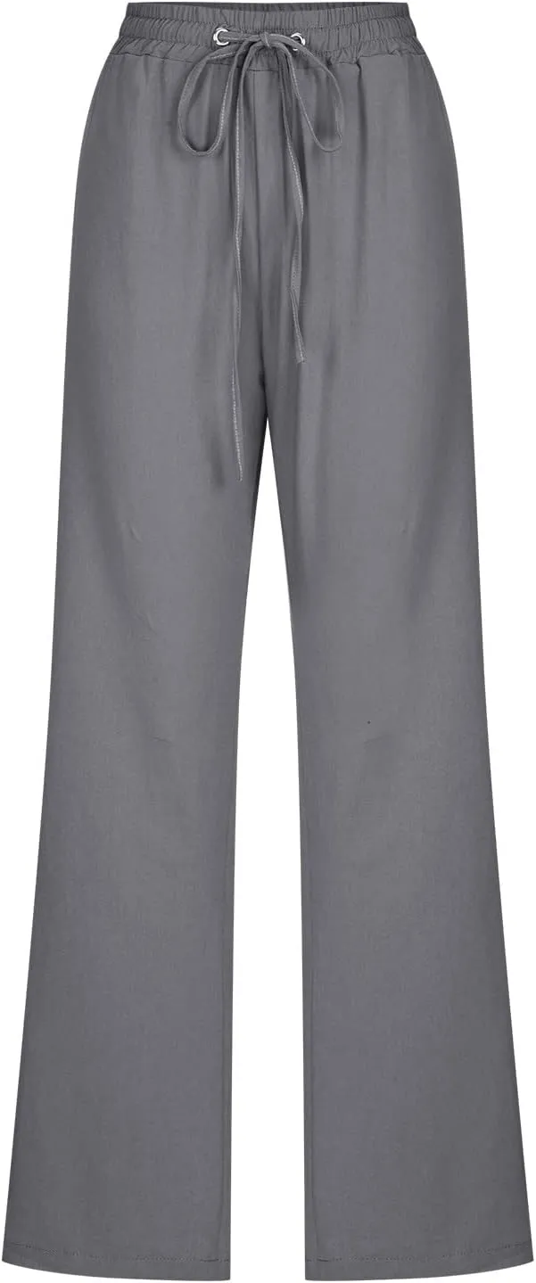 LRMQS Womens Casual Linen Pants 2024 Spring Drawstring Elastic Waist Trousers with Pockets Lounge Fashion Vacation Clothing