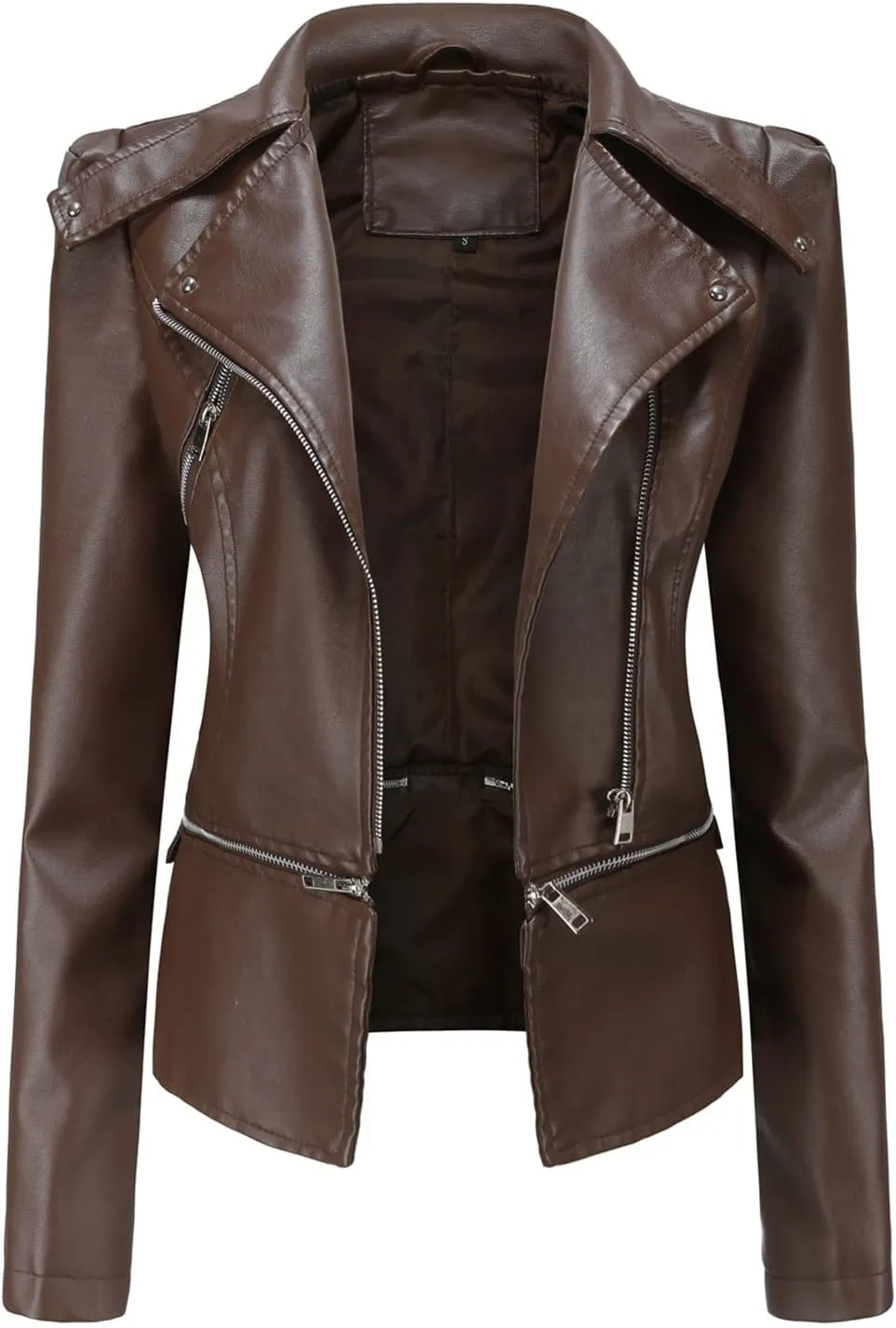 Lu's Chic Women's Moto Jacket Faux Leather Turn Down Collared Crop Blazer Lightweight Biker Coat Short Motorcycle Jacket