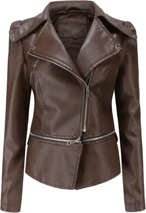 Lu's Chic Women's Moto Jacket Faux Leather Turn Down Collared Crop Blazer Lightweight Biker Coat Short Motorcycle Jacket