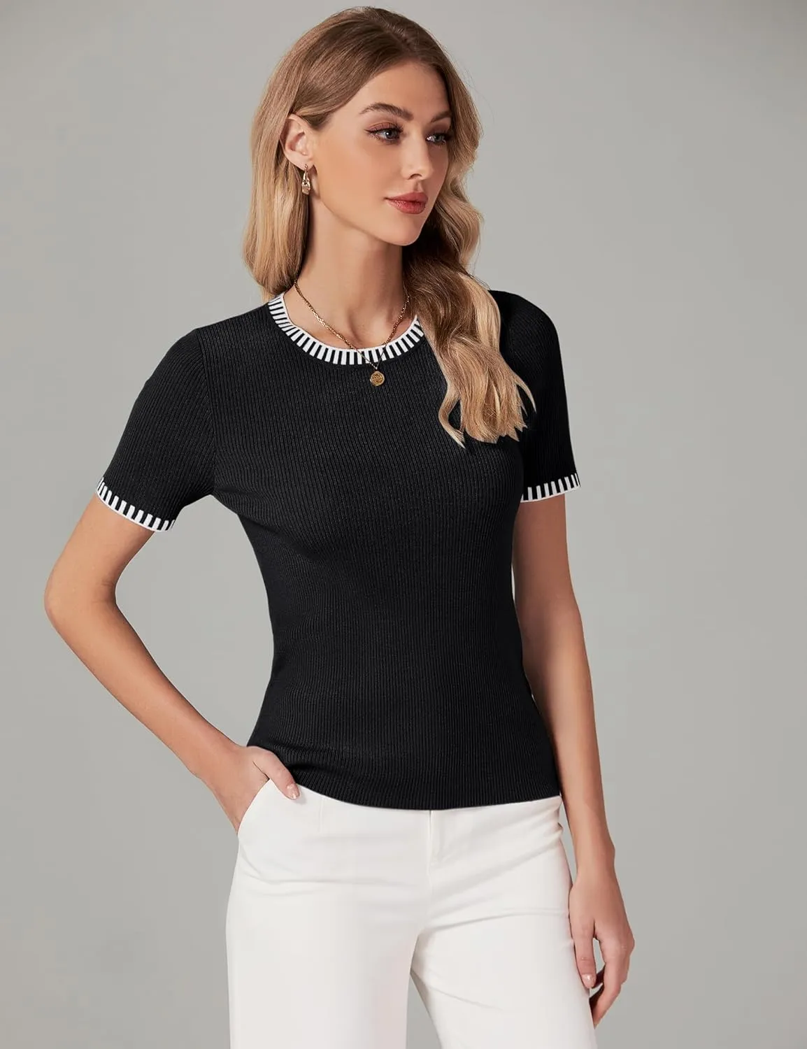luvamia Womens Tops Trendy Business Casual Summer Short Sleeve Sweater Top Slim Fit Color Block Crewneck Ribbed Knit Tee